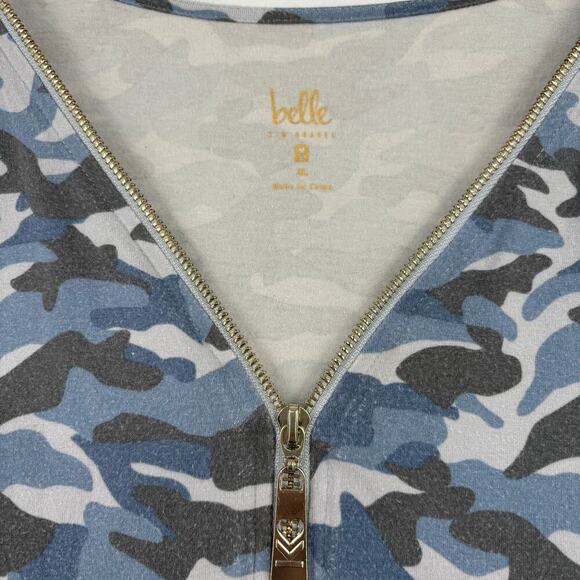 Belle Kim Gravel Pullover Top Size XL Blue Camouflage Zip Neckline Elbow Sleeve - Picture 3 of 10